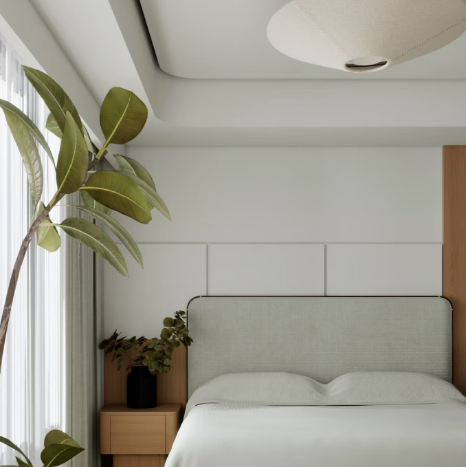 Beige fabric flush mount ceiling light above bed, woven shade with gold mount
