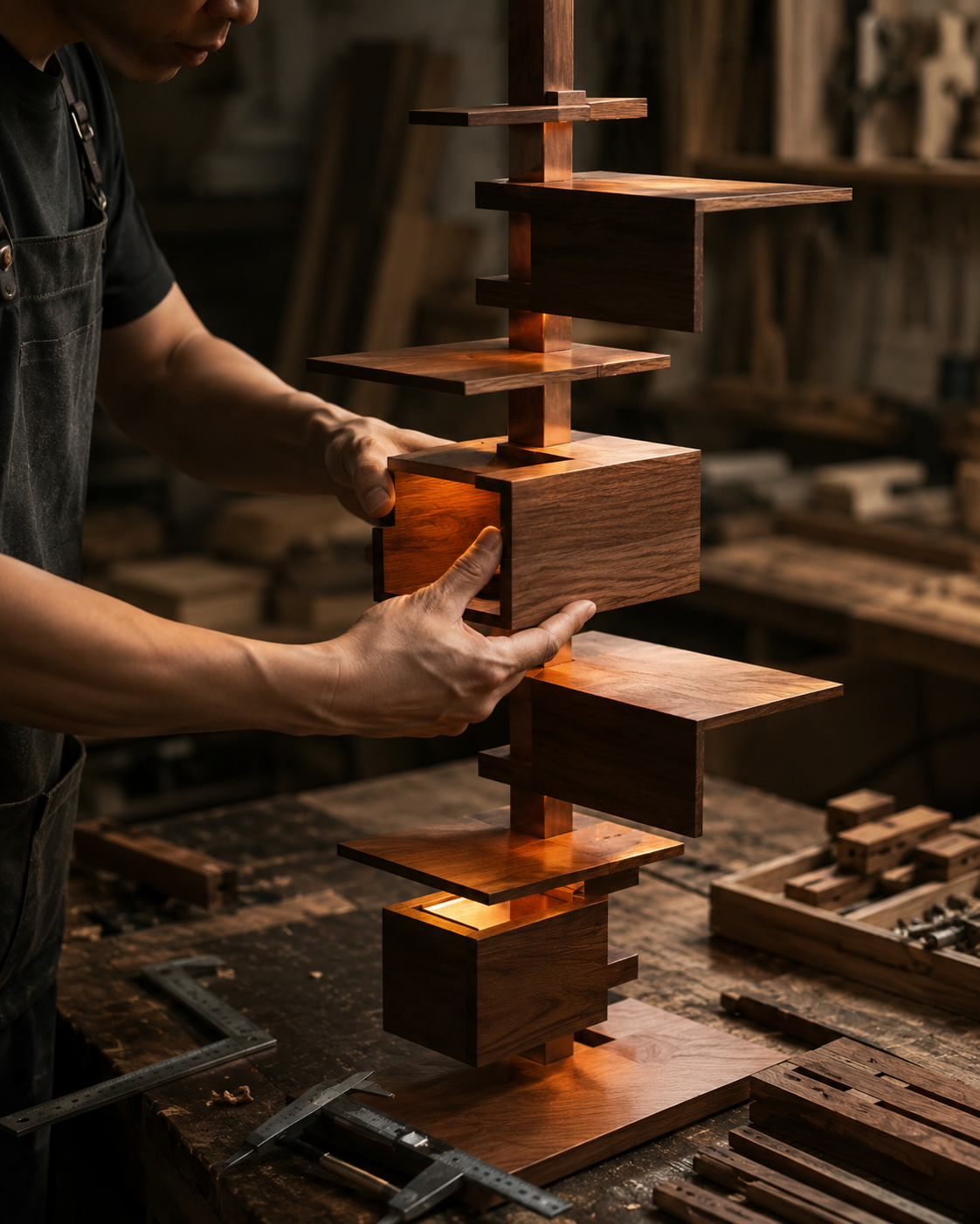 Joinery and hardware detail of Tallis Stacked Tower Floor Lamp