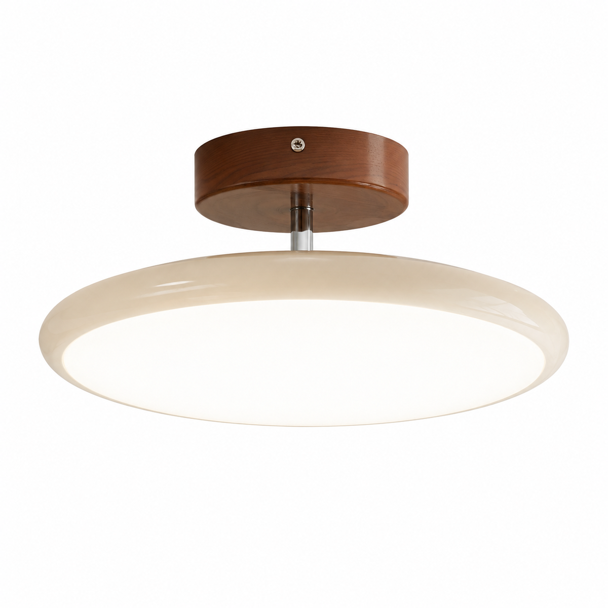 Flush mount ceiling light with cream diffuser and brown round canopy, close-up