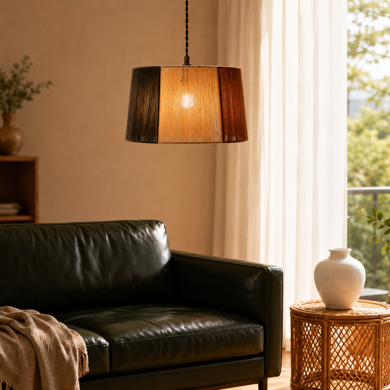 Woven pendant lamp shade with dark outer panels, warm center, and braided hanging cord