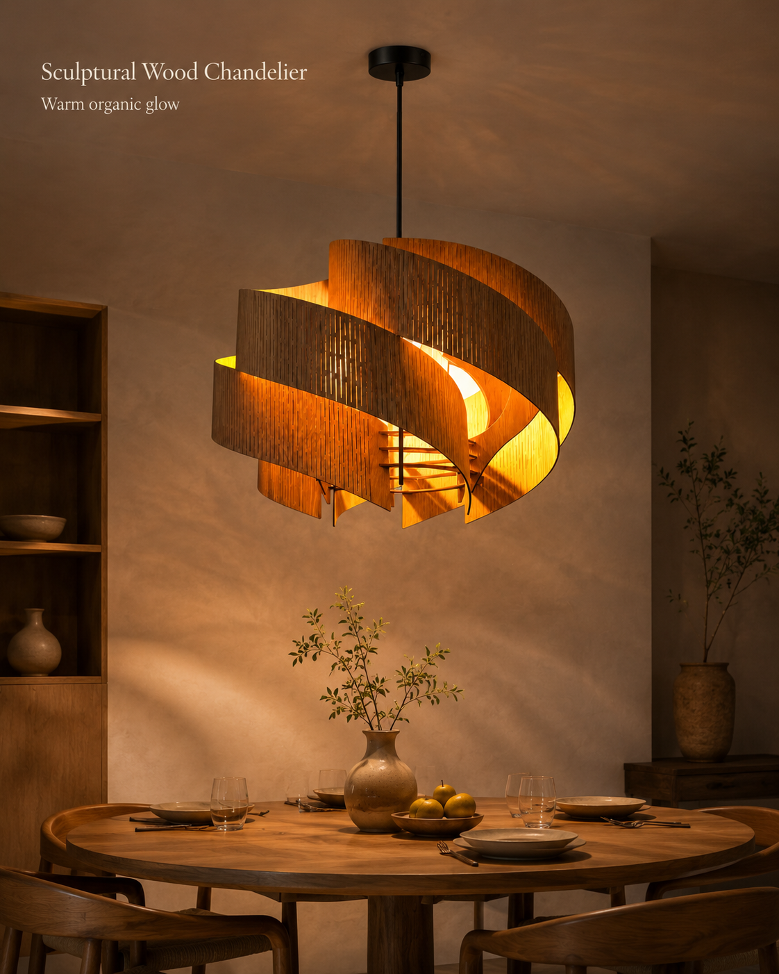 Spiral Wood Chandelier handcrafted lighting design by SolenaLighting