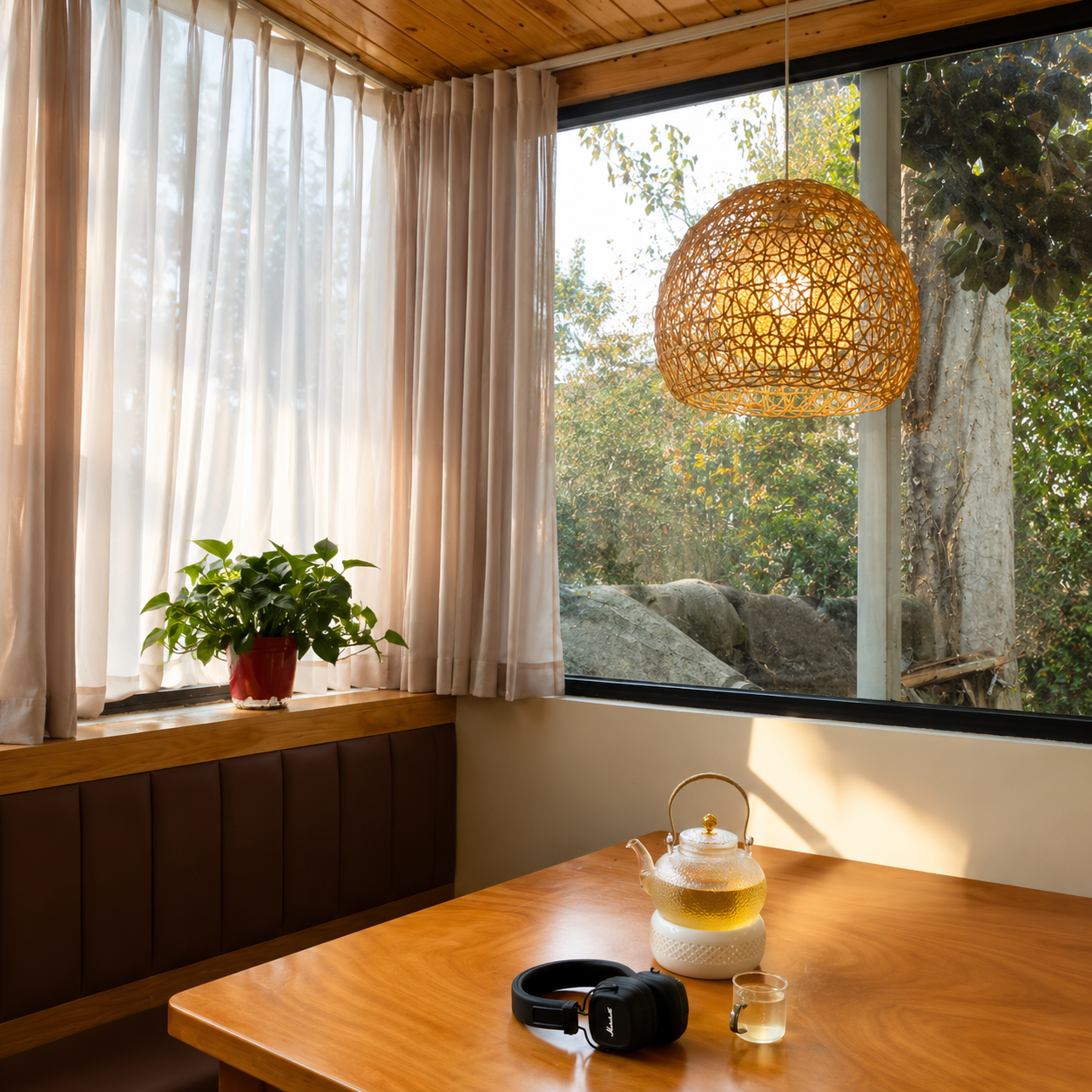 Rattan orb pendant light with woven shade hanging near large window
