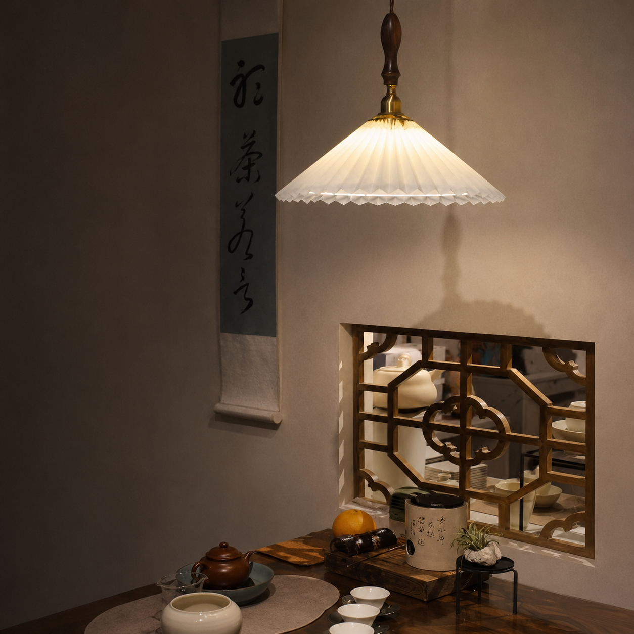 Pendant light with white pleated dome shade and dark wood suspension stem with brass top