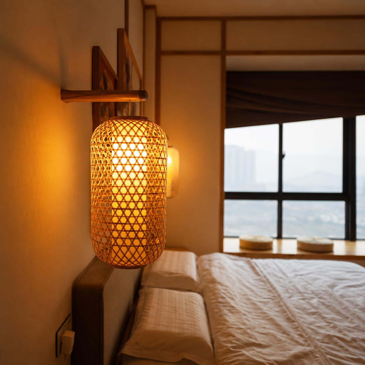 Woven golden pendant lantern with tall cylindrical lattice shade emitting warm light