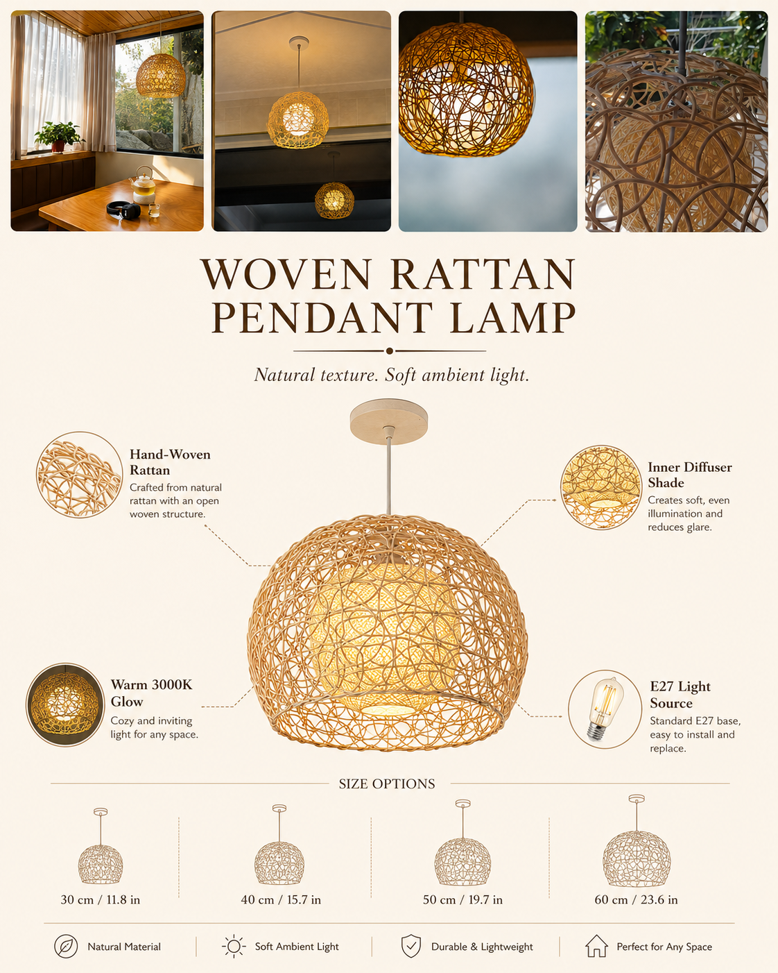 Rattan Orb Pendant Light styled in a warm natural interior