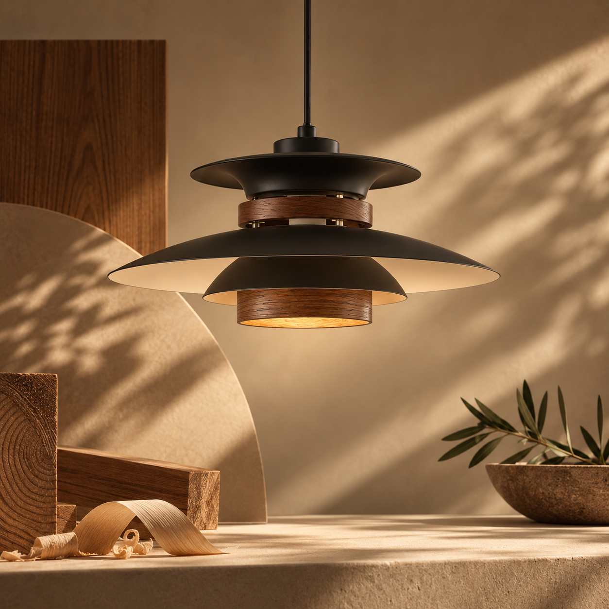 Natural materials and handcrafted details of Mid-Century Modern Ash Wood UFO Pendant Light