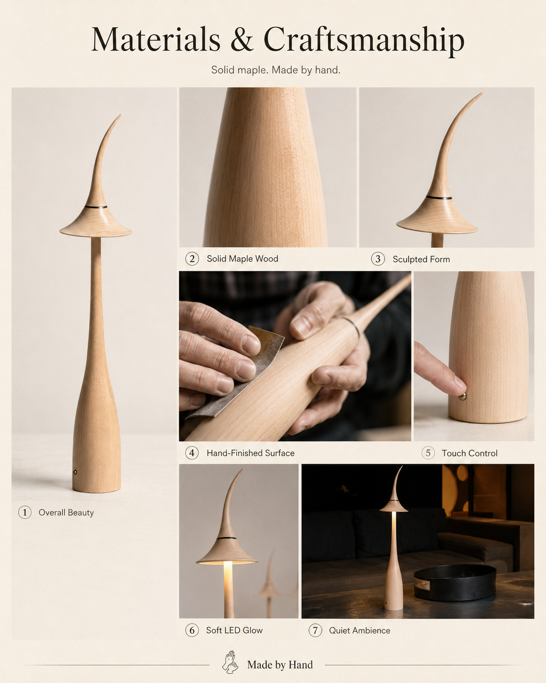 Natural materials and handcrafted details of Noma Maple Wood Cordless Table Lamp