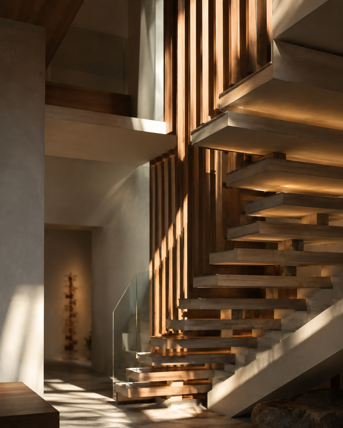 Tallis Stacked Tower Floor Lamp styled in a warm natural interior