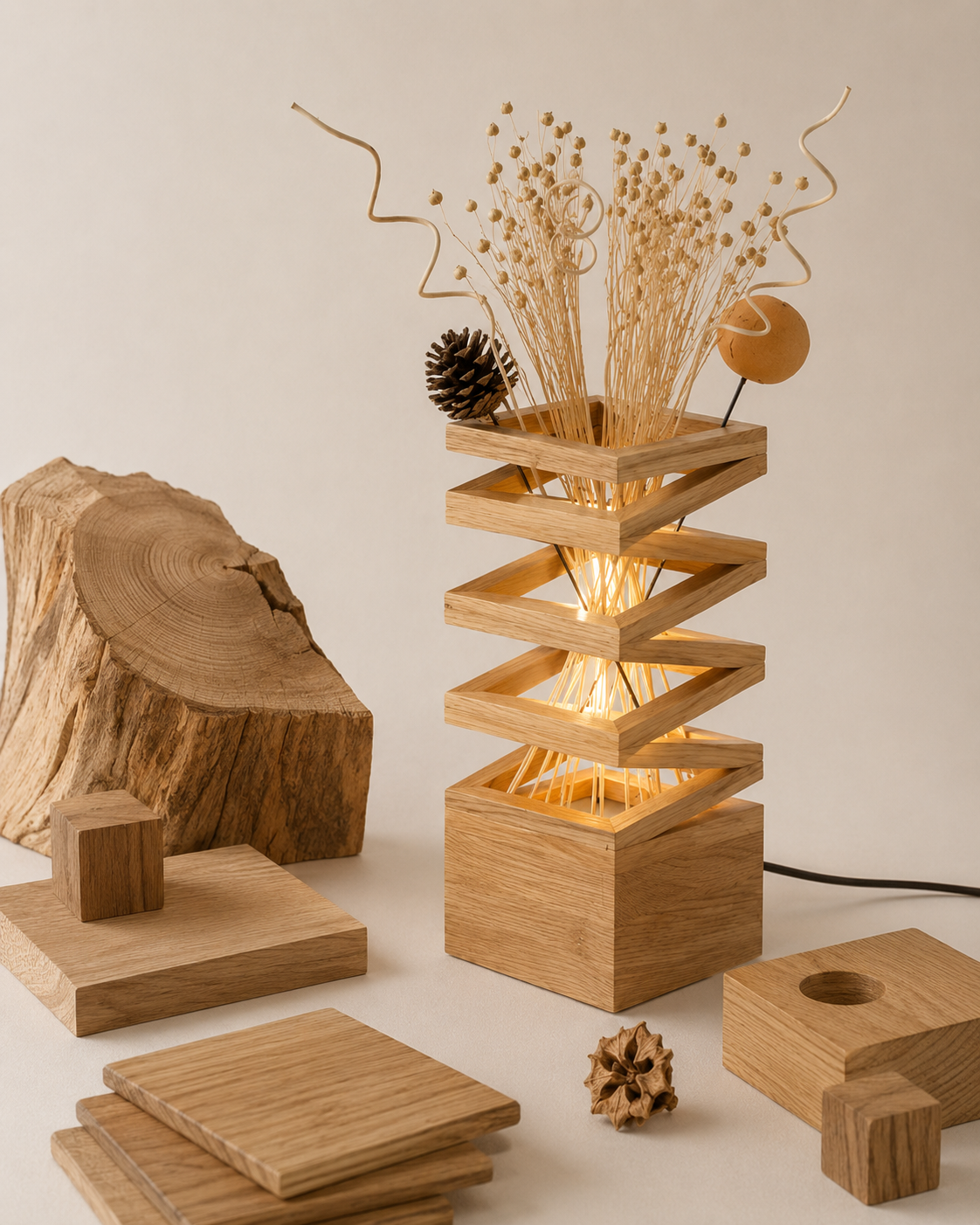 Form and silhouette detail of Zen Stack Wood Table Lamp with Dried Botanicals