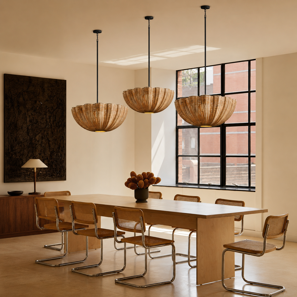 Cluster of rattan pendant lights with woven dome shades over dining table