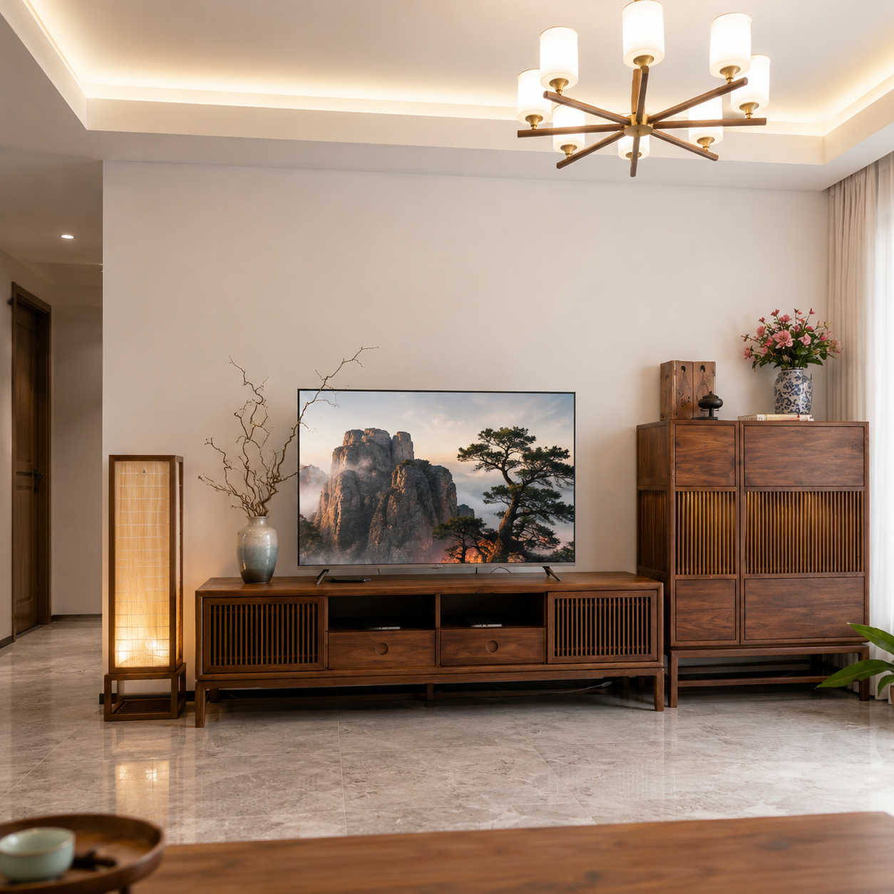 Standing wooden floor lamp with lit rectangular shade beside TV cabinet