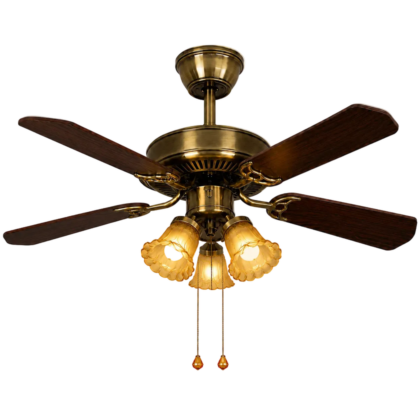 Wood-blade ceiling fan with brass motor housing and three frosted glass light shades