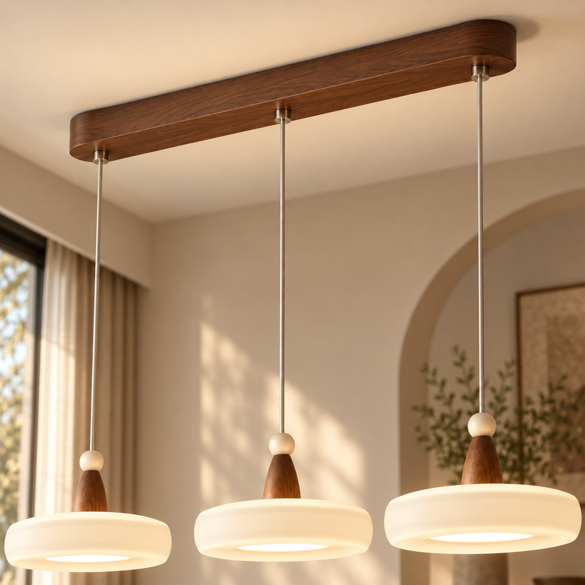 Natural material texture detail of Mid-Century Champagne Linear 3-Light Pendant