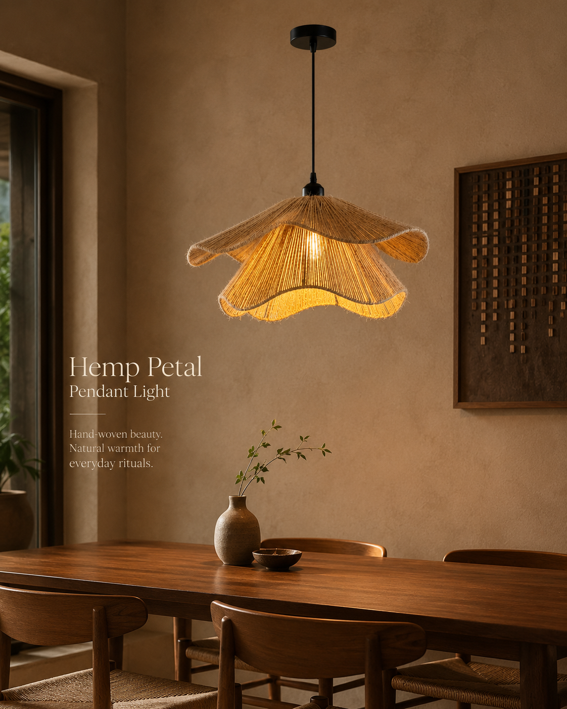 Layered Petal Hemp Rope Pendant Light handcrafted lighting design by SolenaLighting