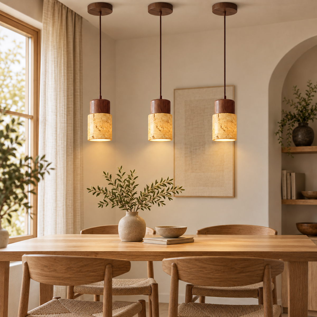 Form and silhouette detail of Nordic Yellow Travertine & Walnut Pendant Light