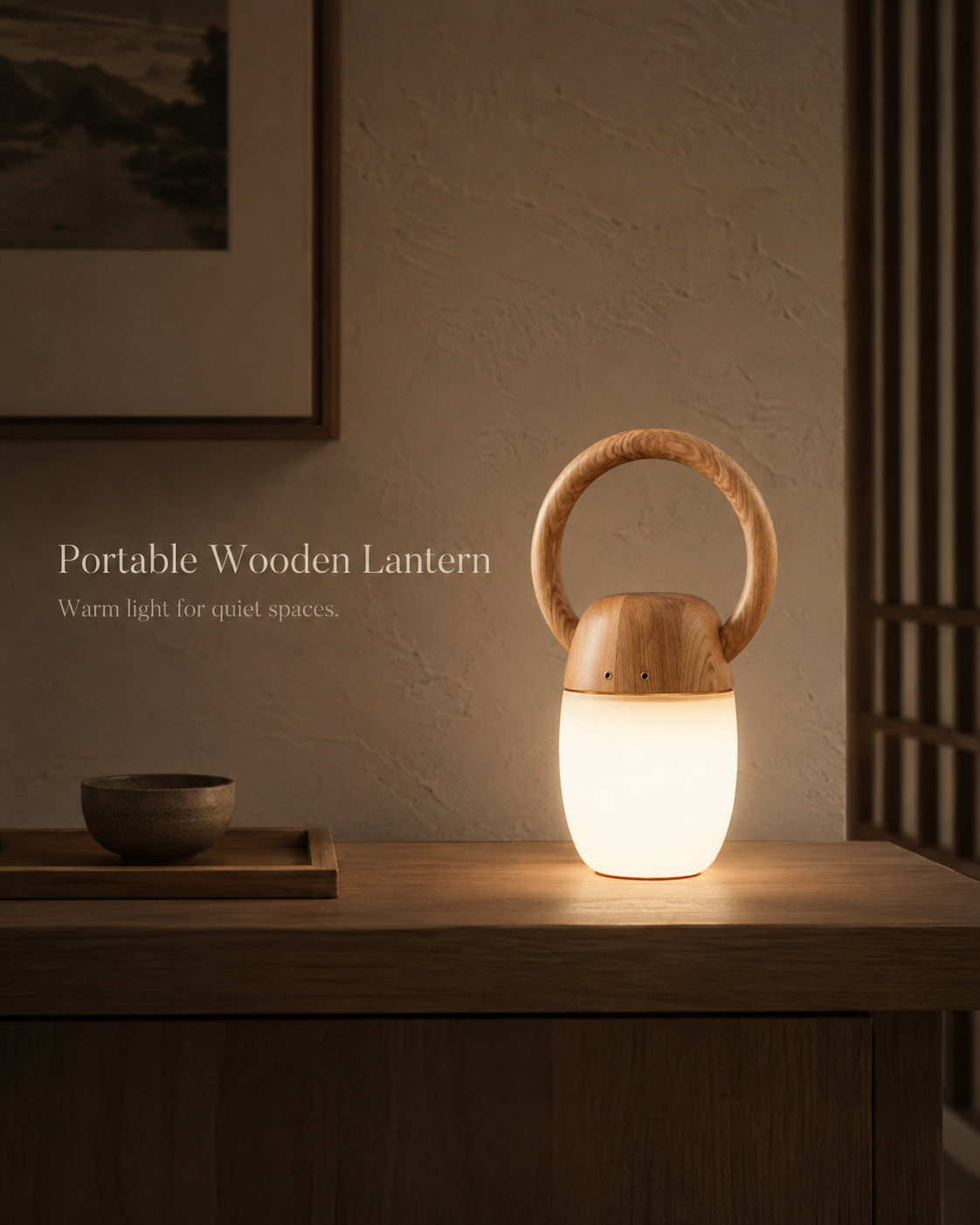 Ring Handle Wood Lantern Table Lamp handcrafted lighting design by SolenaLighting