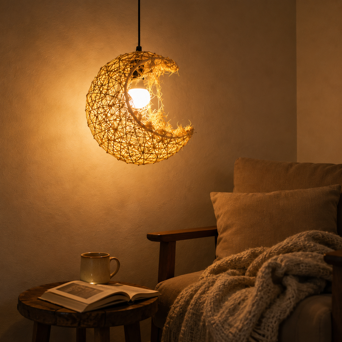Natural material texture detail of Rattan Crescent Pendant Light