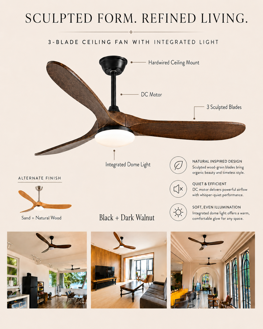 Volta Ceiling Fan styled in a warm natural interior