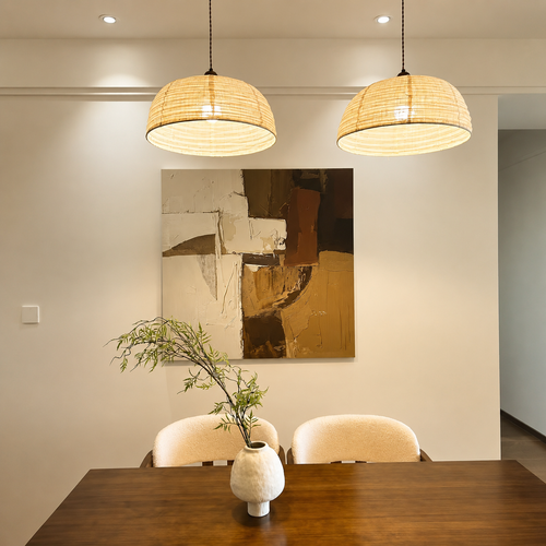 Pair of woven fabric bell pendant lamps with hanging cords