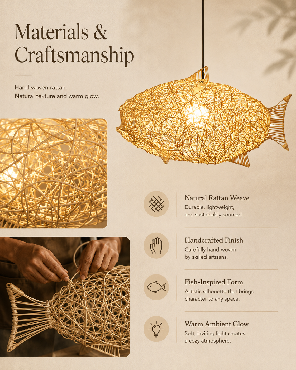 Natural materials and handcrafted details of Riverfin Rattan Pendant Light
