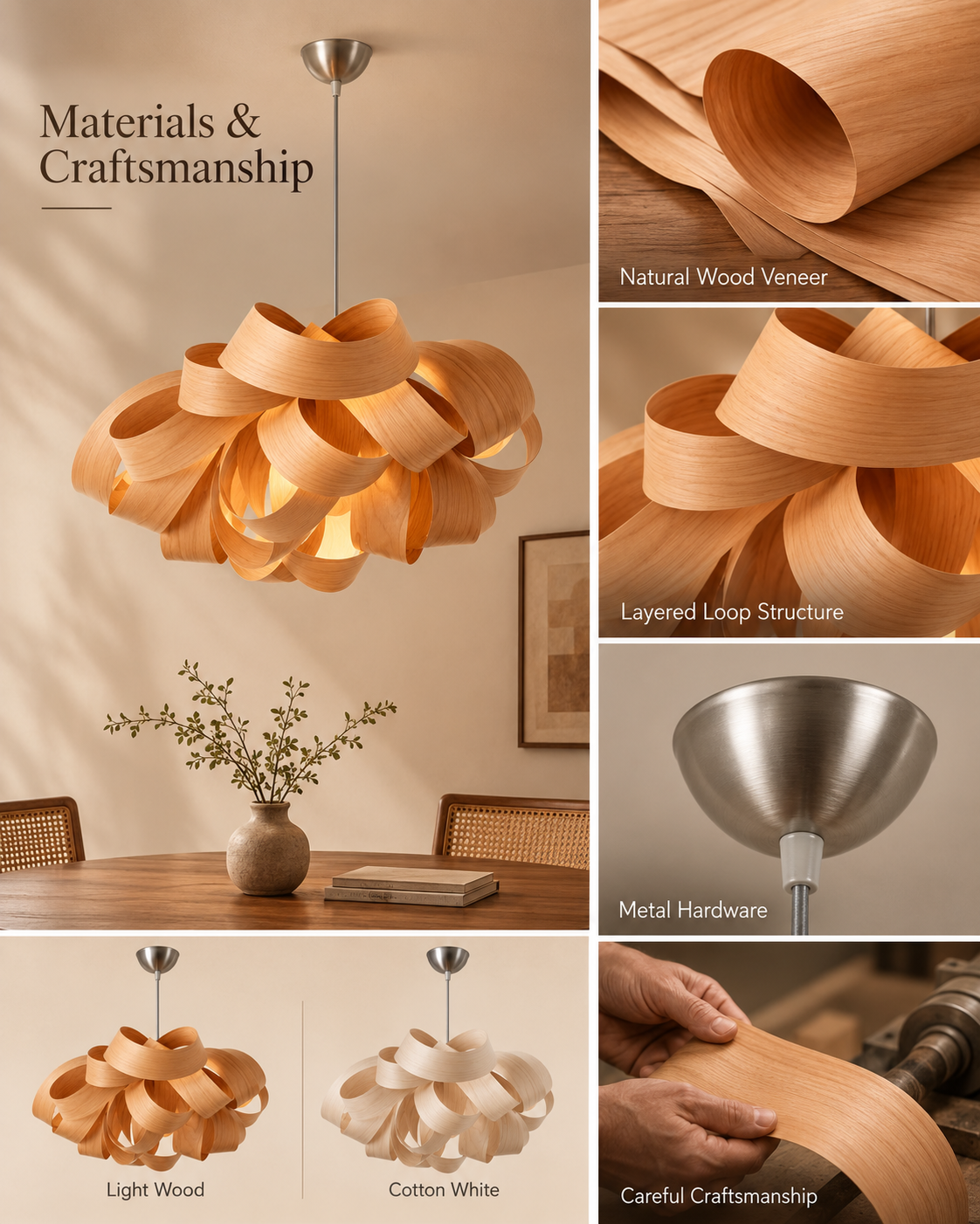 Natural materials and handcrafted details of Bloom Wood Veneer Pendant Light