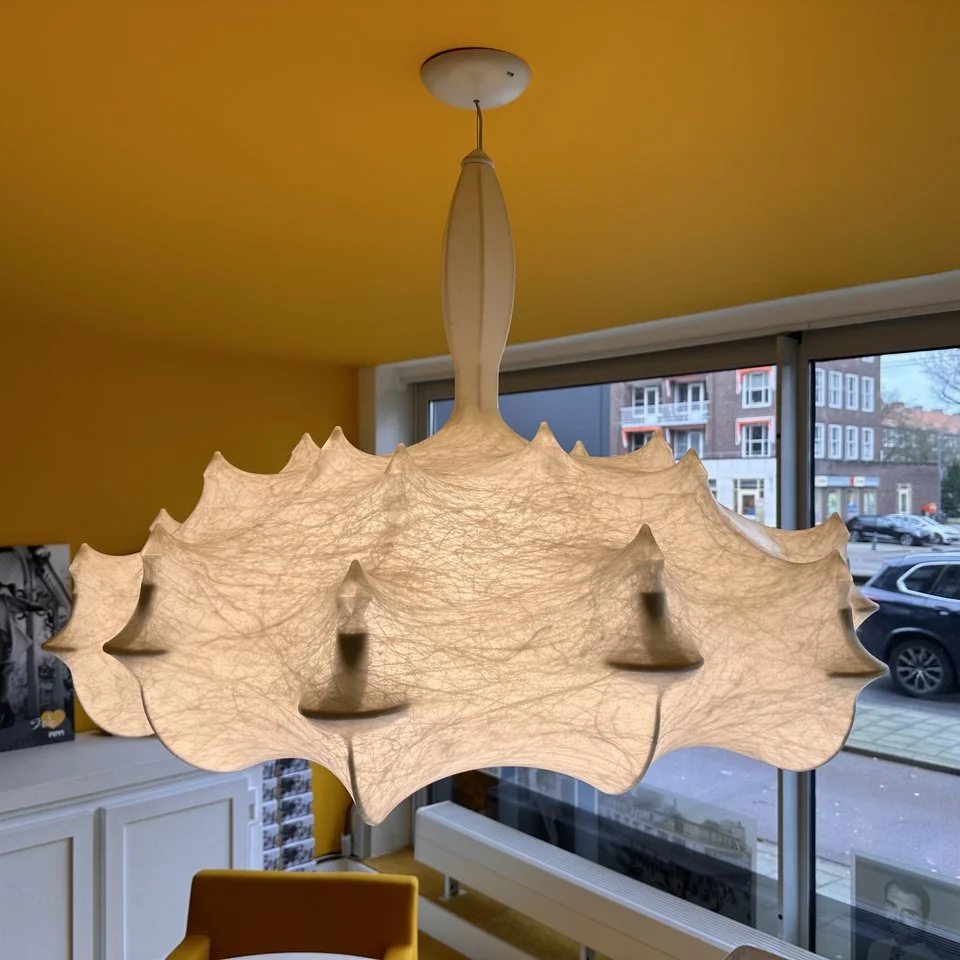 Beige silk petal chandelier with scalloped leaf-shaped shades and ceiling mount