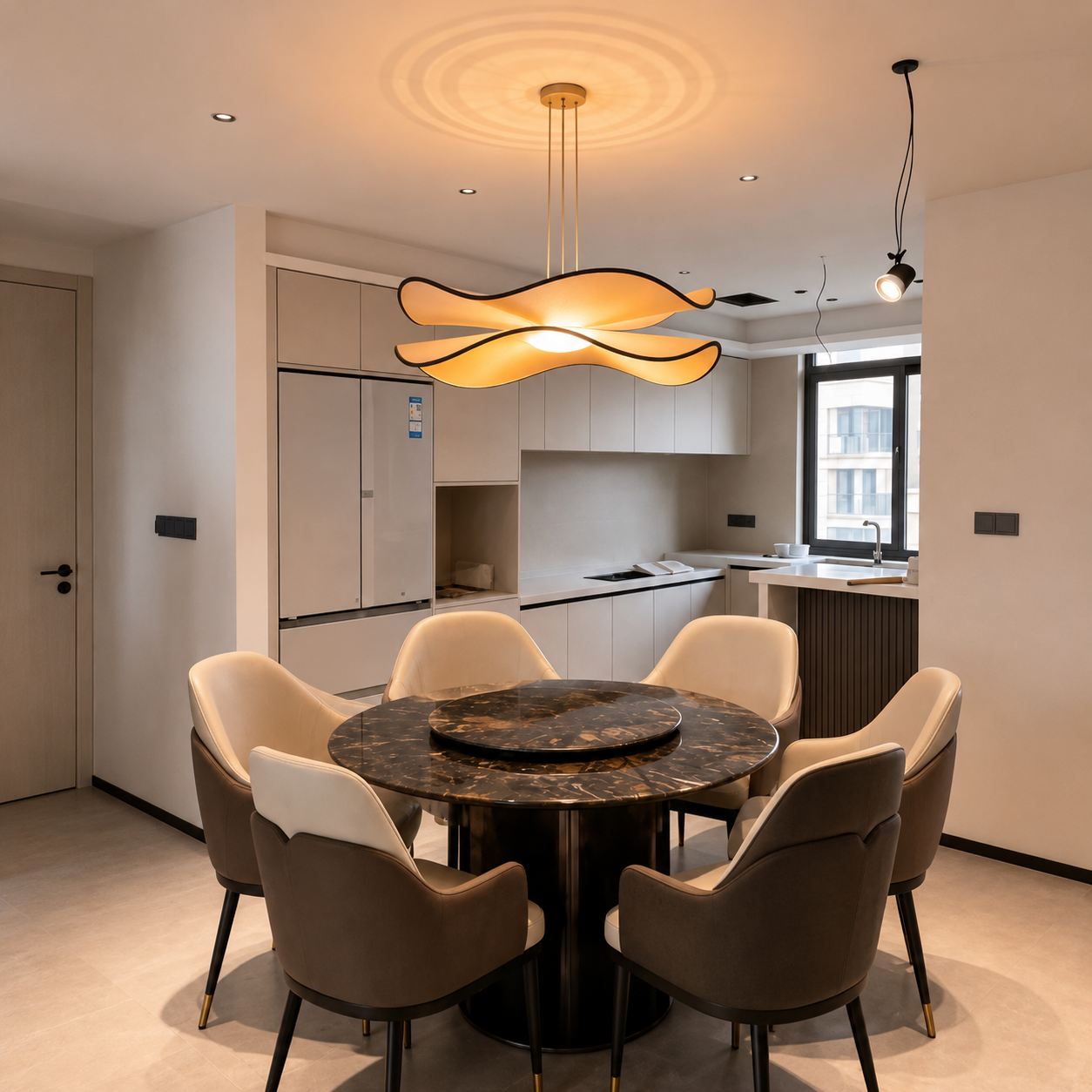 Warm glowing wing pendant light with curved layered shades and braided suspension
