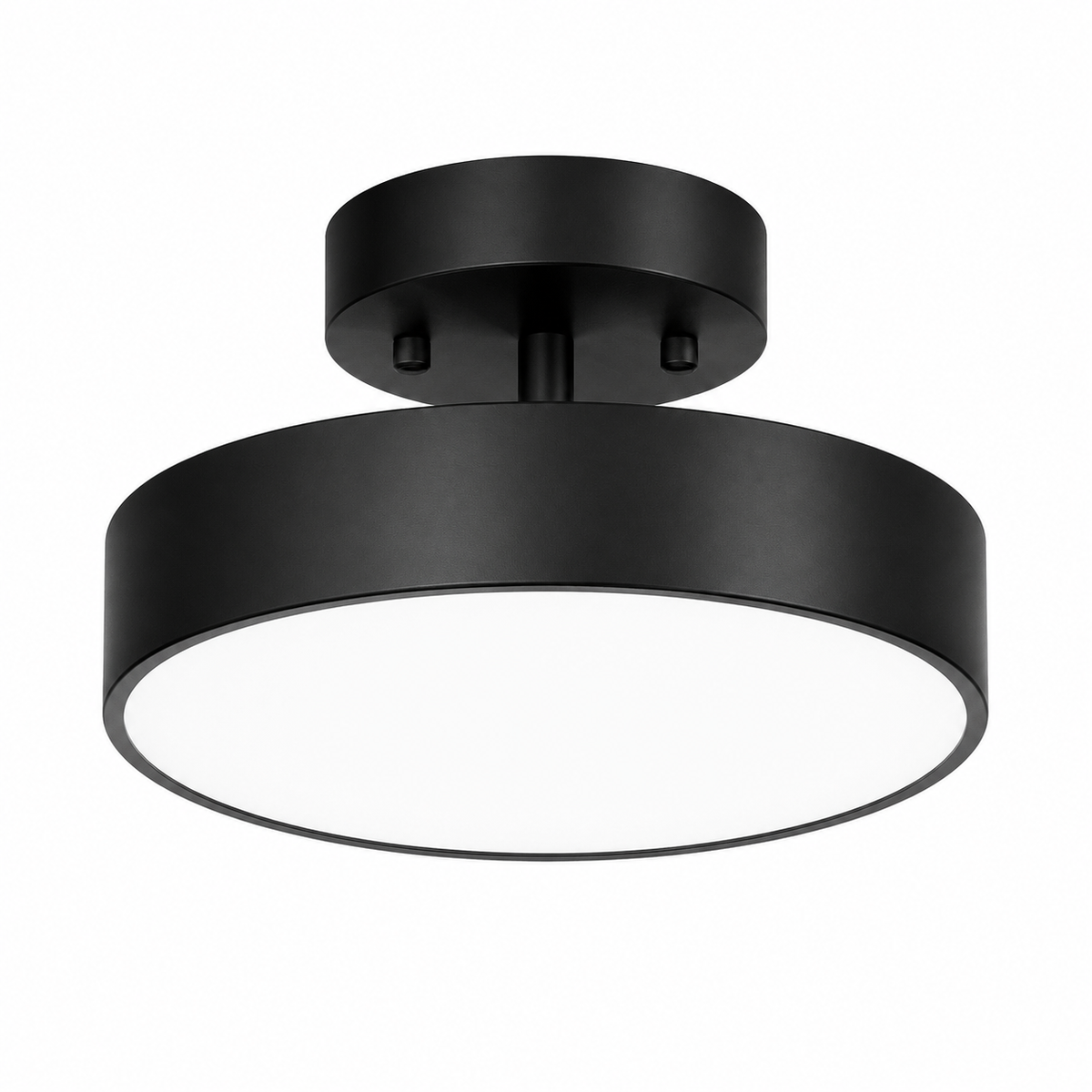Black drum flush mount ceiling light with wide round diffuser and cylindrical canopy