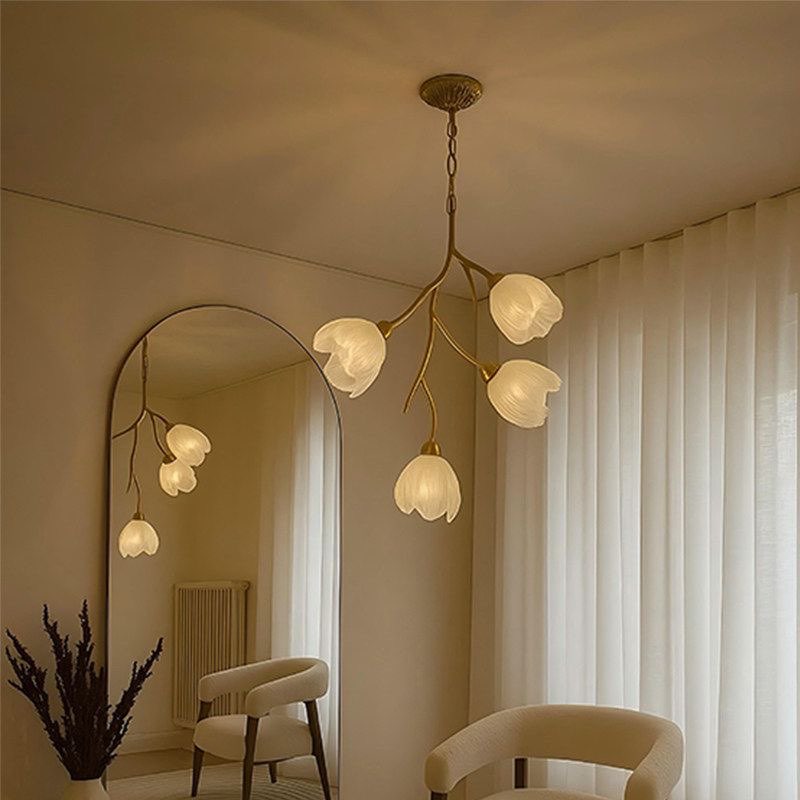 Floral branch chandelier with 5 glass shades and bronze finish