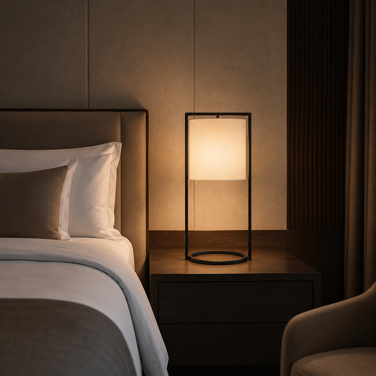 Matte black table lamp with square fabric shade and circular base ring, lit.