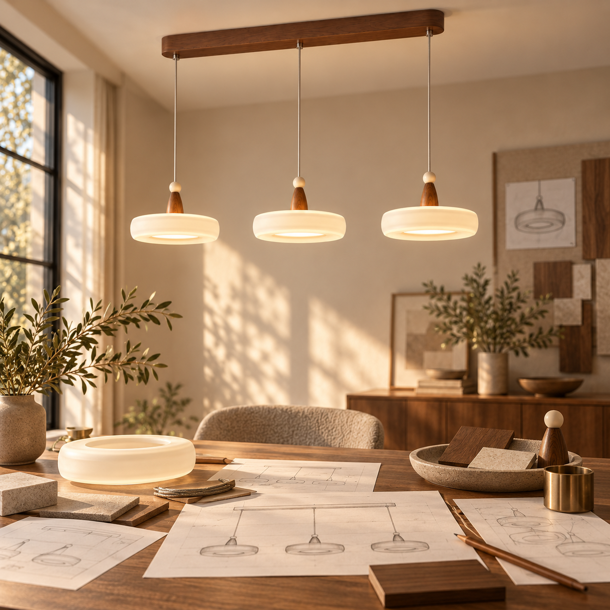 Natural materials and handcrafted details of Mid-Century Champagne Linear 3-Light Pendant