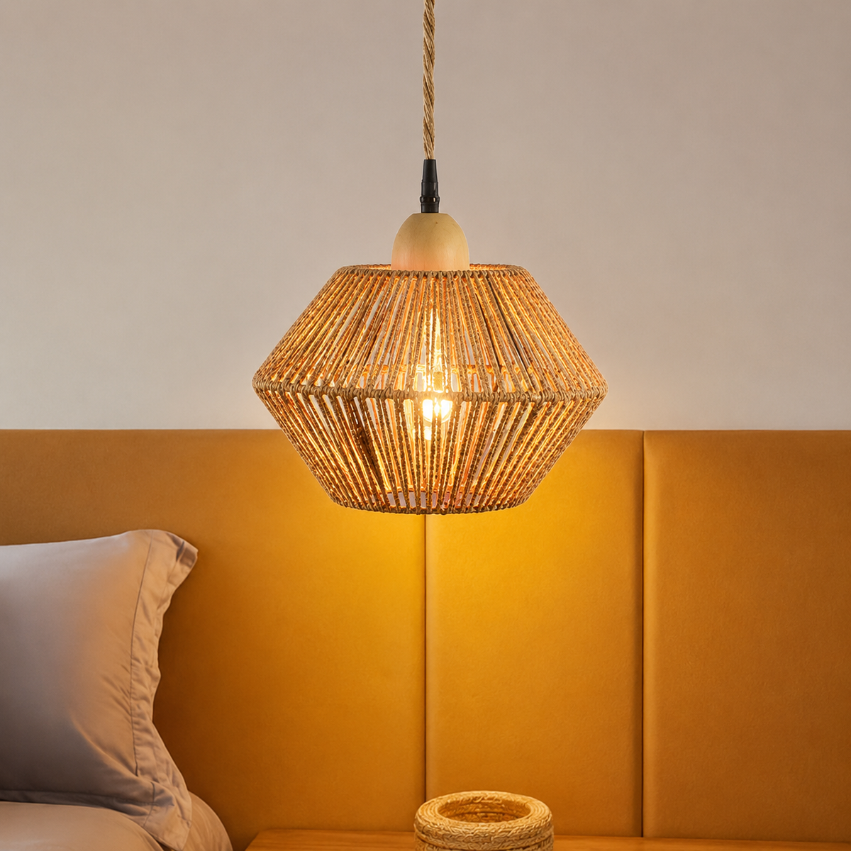 Woven jute lantern pendant with beige top cap and braided suspension cord
