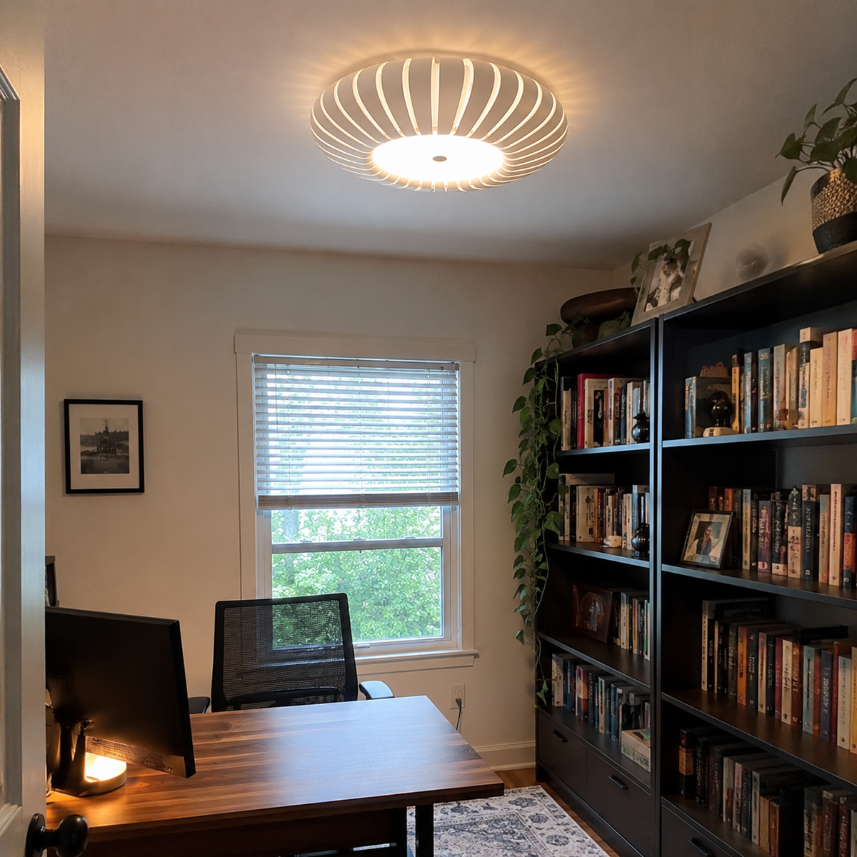 Ribbed flush mount ceiling light glowing on the ceiling above a room