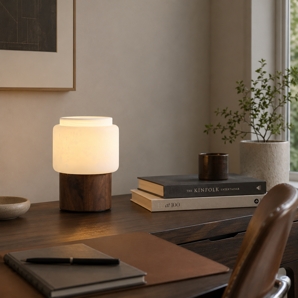 Walnut table lamp with frosted white shade and textured dark wood base