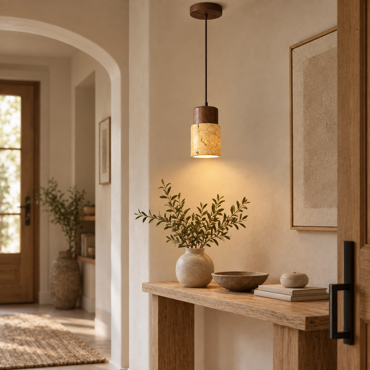Natural material texture detail of Nordic Yellow Travertine & Walnut Pendant Light