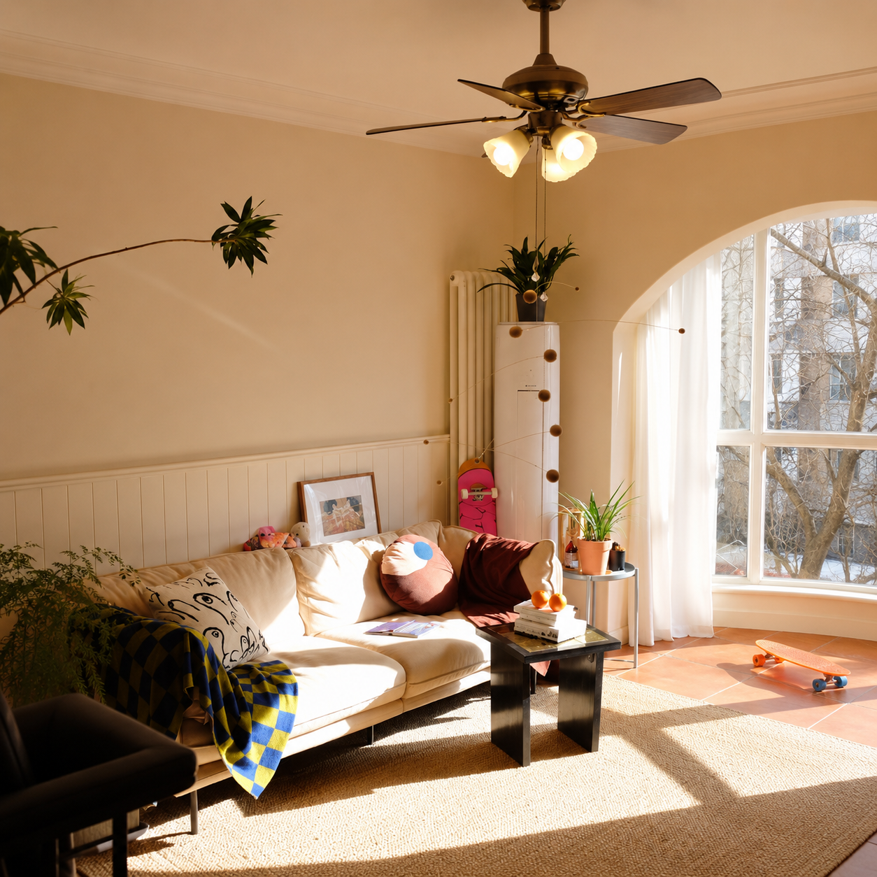 Wood-blade ceiling fan with brass finish and three-light glass bulb fixture