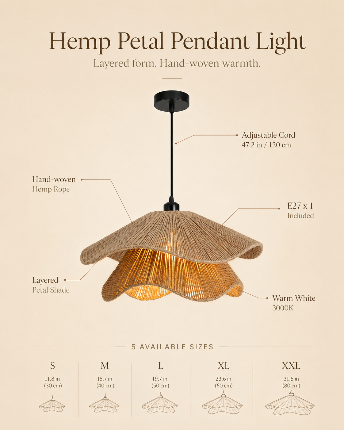 Layered Petal Hemp Rope Pendant Light styled in a warm natural interior