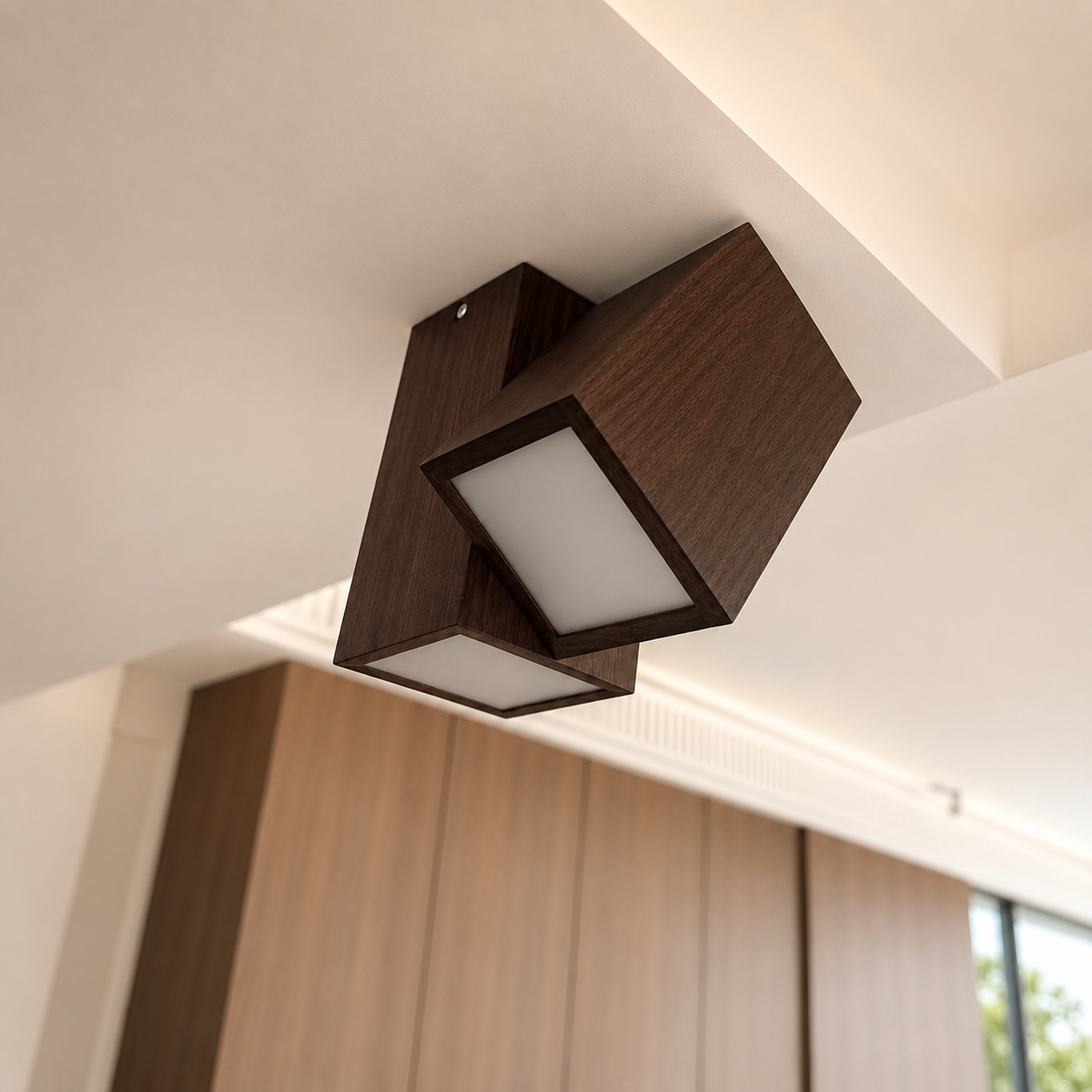 Dark walnut wood geometric flush-mount ceiling light with angled square LED panels