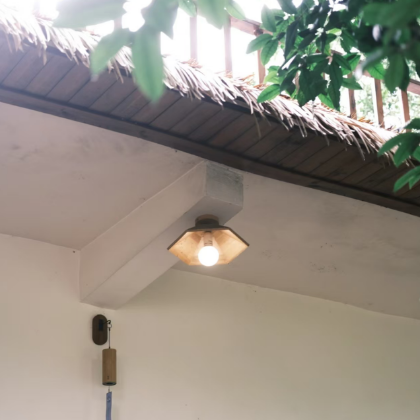 Light wood flush-mount ceiling light with frosted bulb globe and angled shade