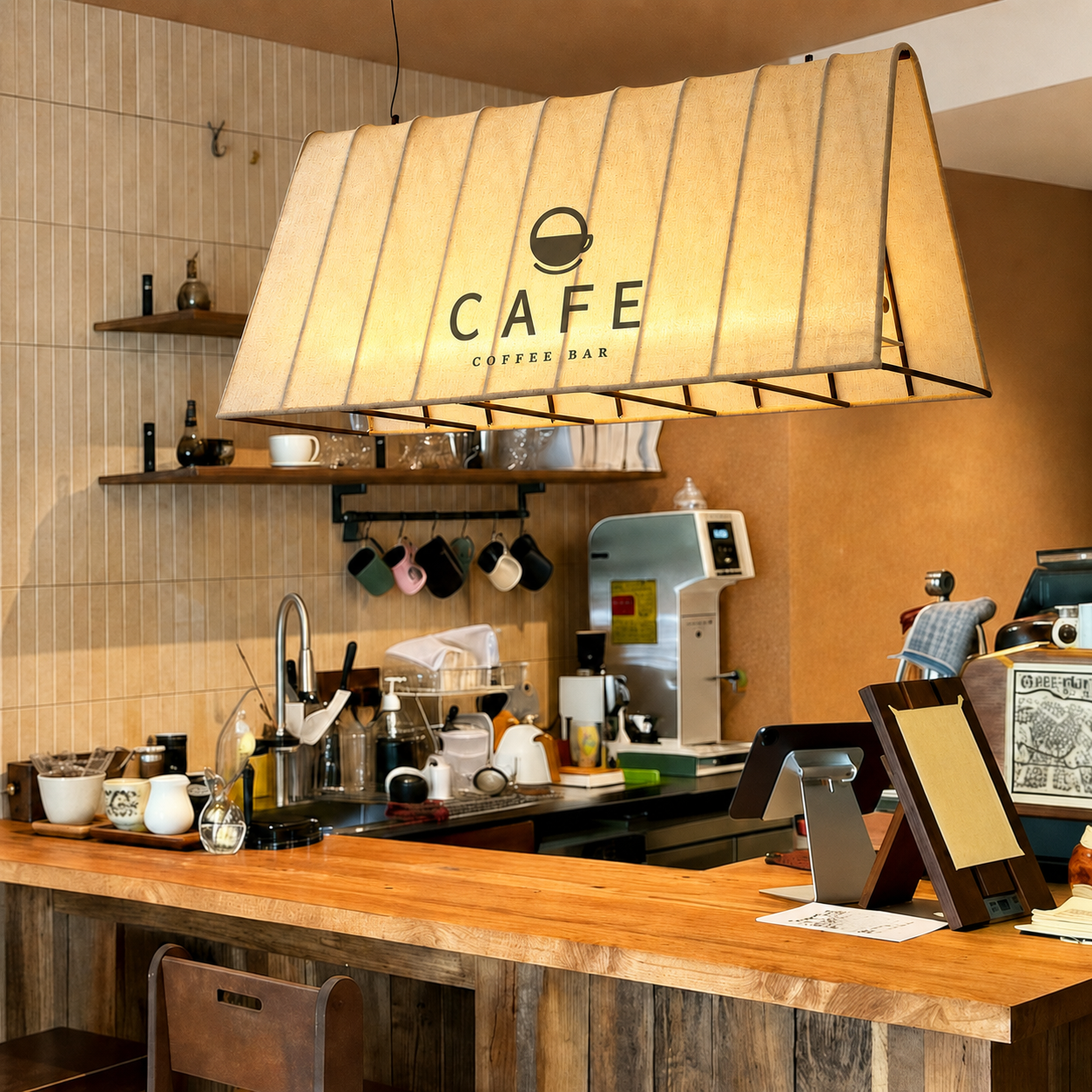 Beige fabric pendant lamp shade with 'CAFE' text, coffee icon, and black metal frame.