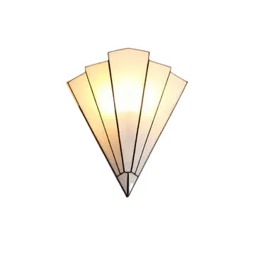 Fan-shaped wall sconce with white shade panels and matte black frame