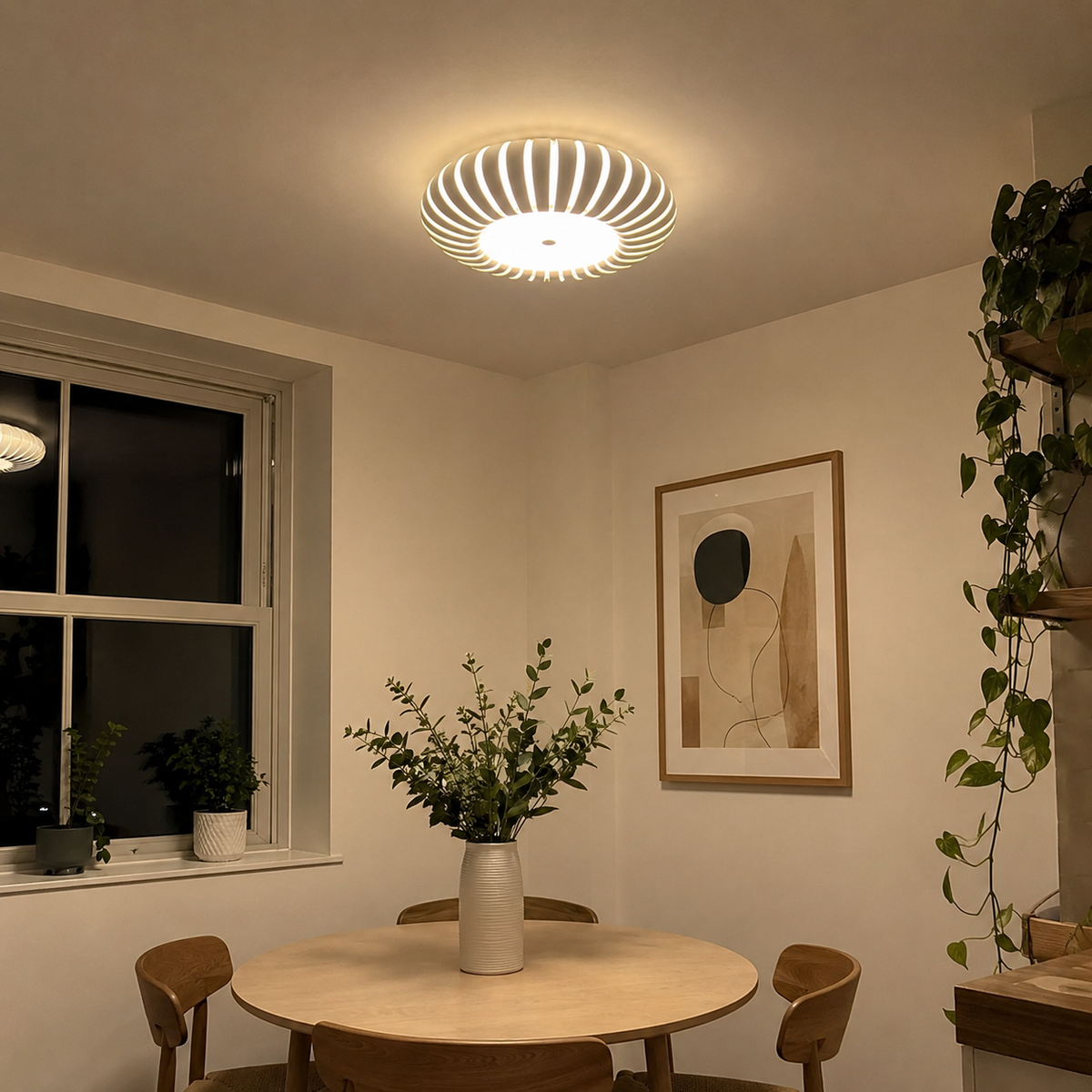 Ribbed flush mount ceiling light on ceiling with warm light glow