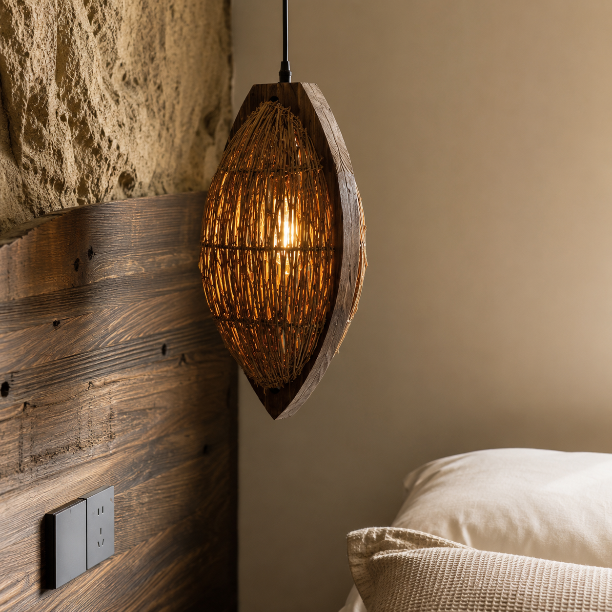 Woven rattan teardrop pendant lamp shade with warm light and textured lattice detail.