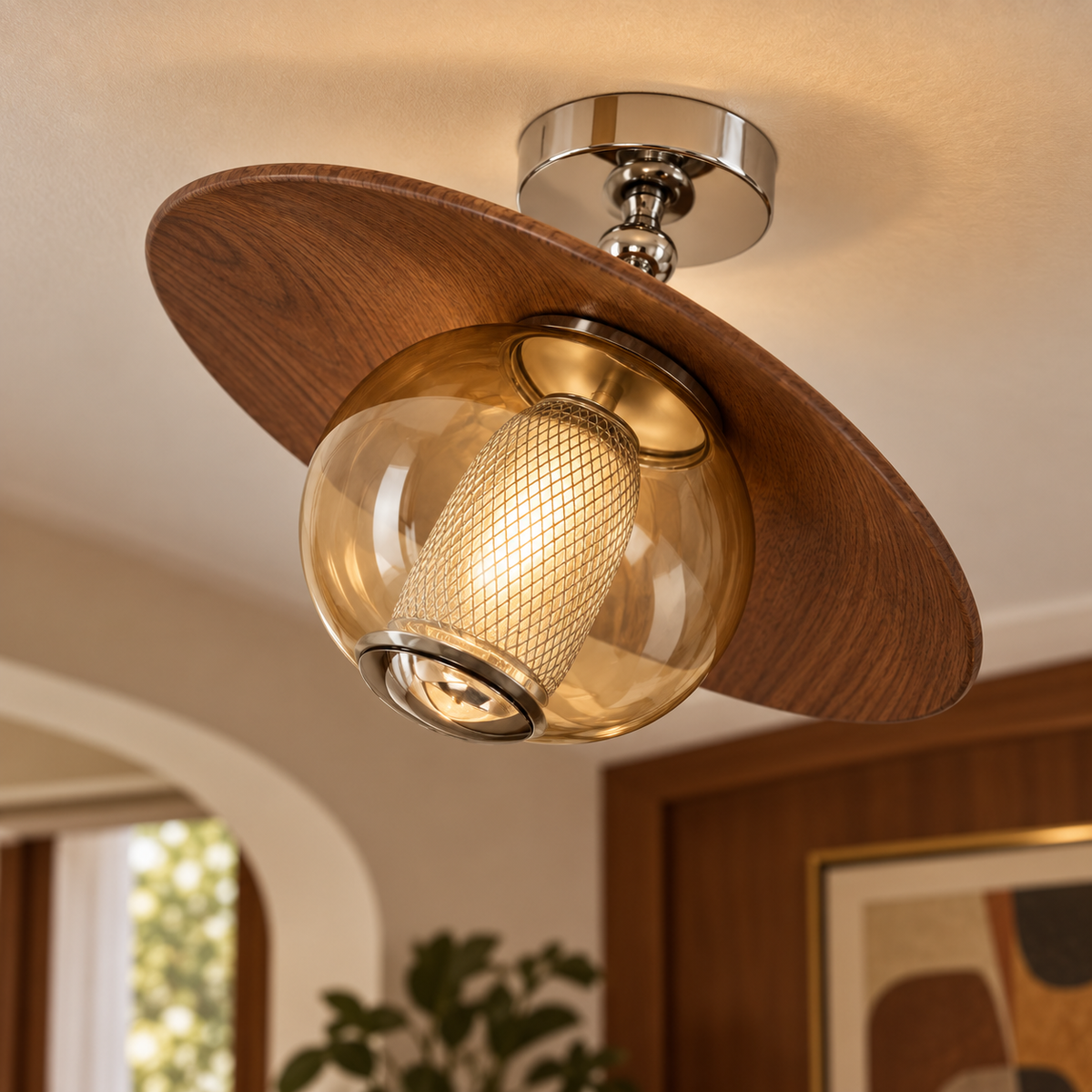 Joinery and hardware detail of Mid-Century Full Spectrum Glass Ceiling Light