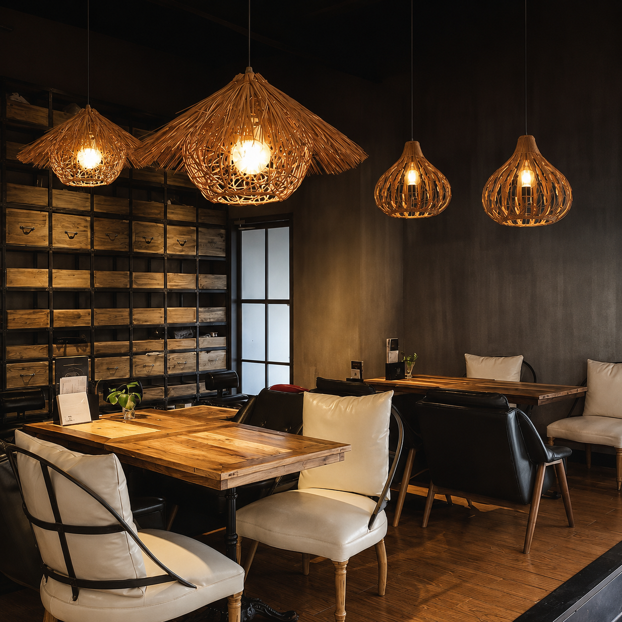 Multiple woven rattan pendant lights with warm illumination in a dining space