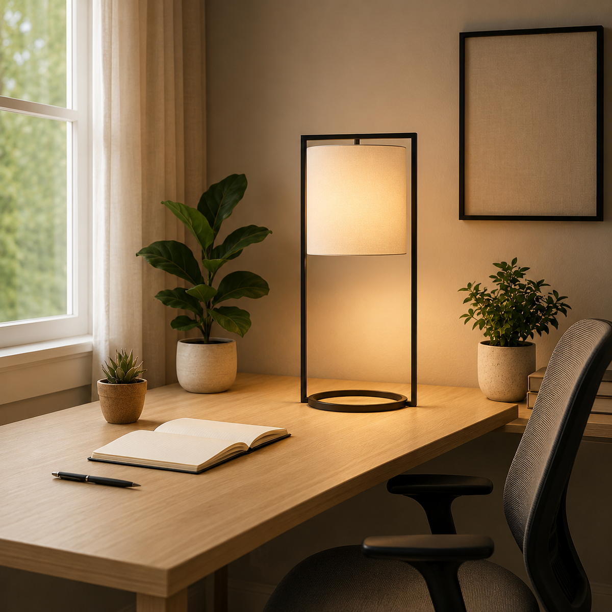Matte black table lamp with square shade, open metal frame, and circular base ring.