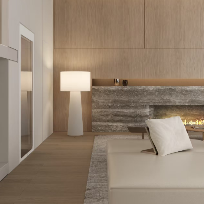Tall white fabric floor lamp with square-looking drum shade and pedestal base