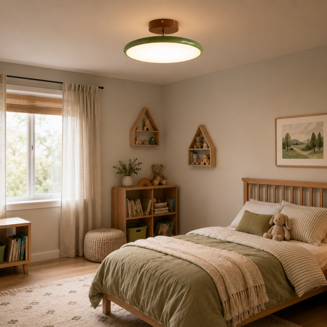 Flush mount ceiling light with green glass diffuser and brown round canopy