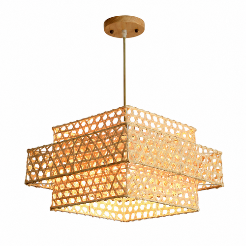 Layered bamboo pendant light with lantern-style woven lattice shade