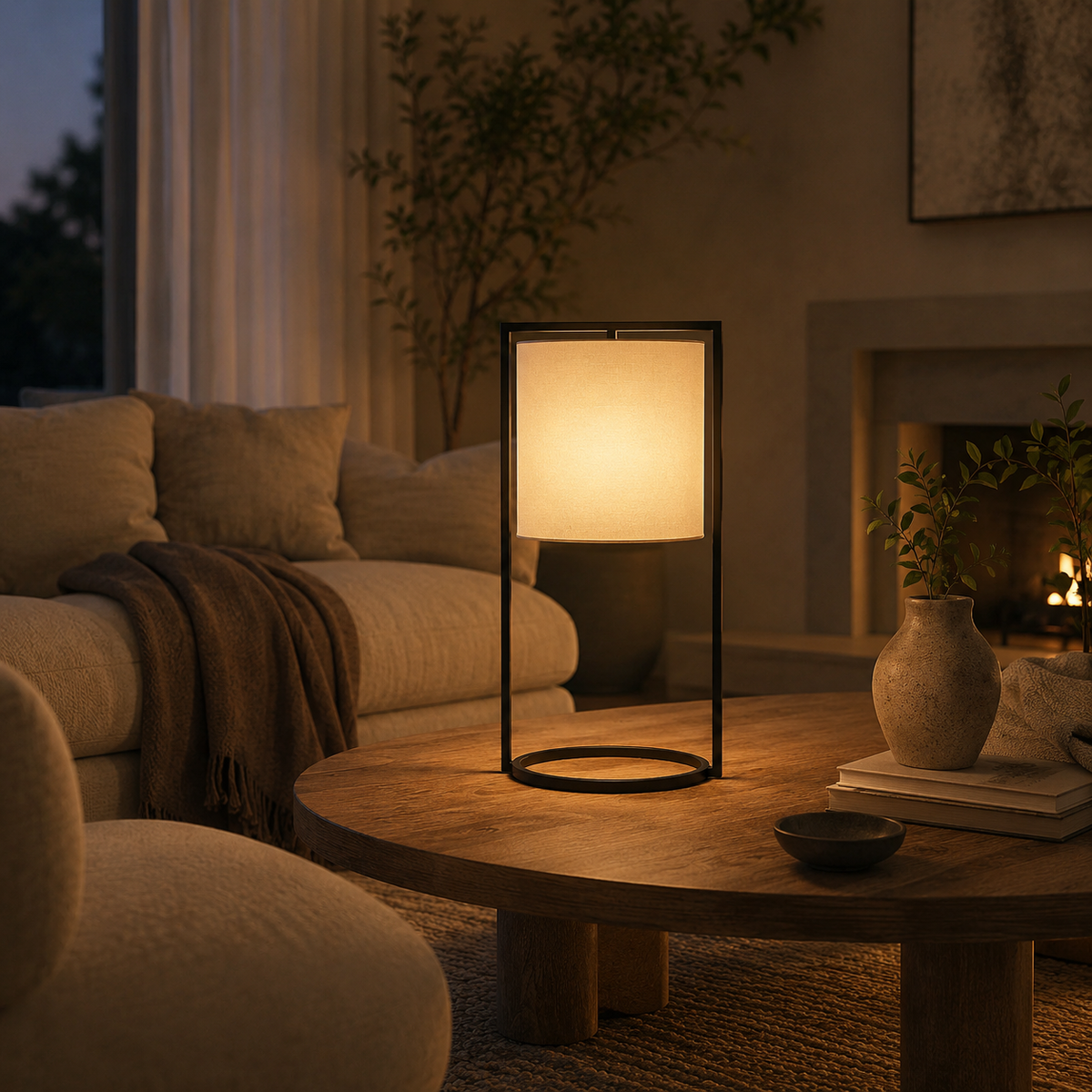Matte black table lamp with lit square shade and circular base ring on a wooden table.